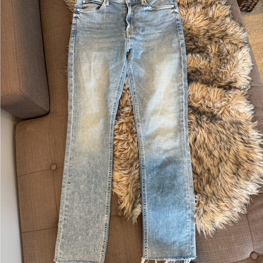 Mother jeans mid rise dazzler ankle fray reading by the pool 27 straight leg